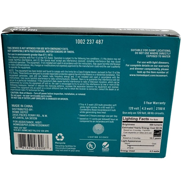 NWOT. Replacement lightbulbs. Candelabra base. Dimmable. 60 watt. - Picture 2 of 6